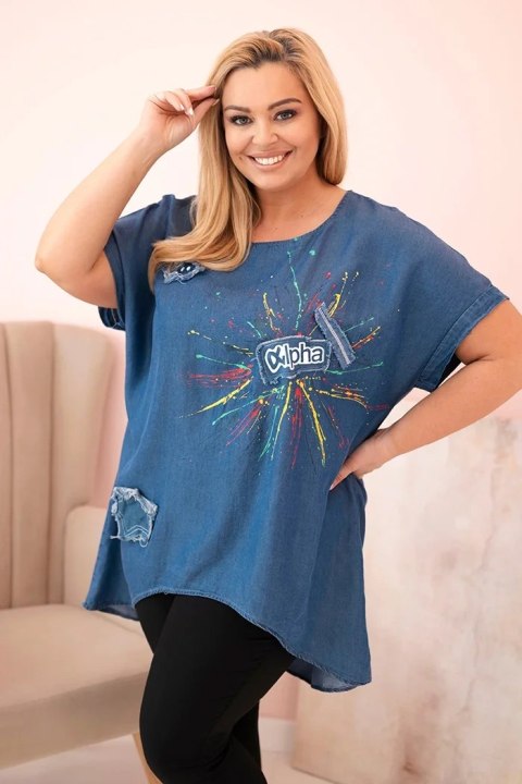 Bluzka damska Plus Size z naszywkami jeansowa