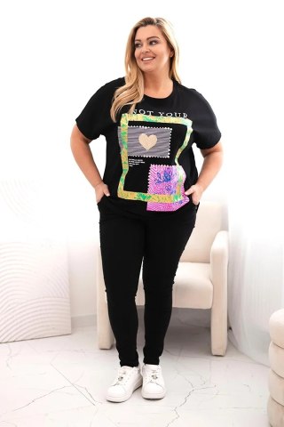Bluzka damska bawełniana Plus Size ze złotym napisem czarny + zielony