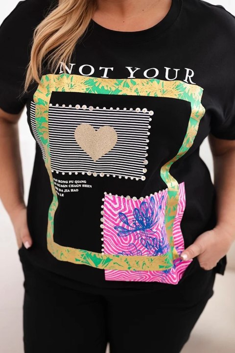 Bluzka damska bawełniana Plus Size ze złotym napisem czarny + zielony