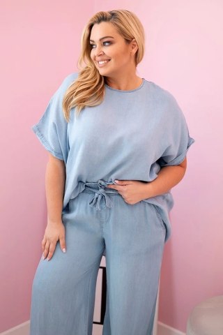 Komplet damski Plus Size z tencelu bluzka i spodnie z wiązaniem jasno jeansowy