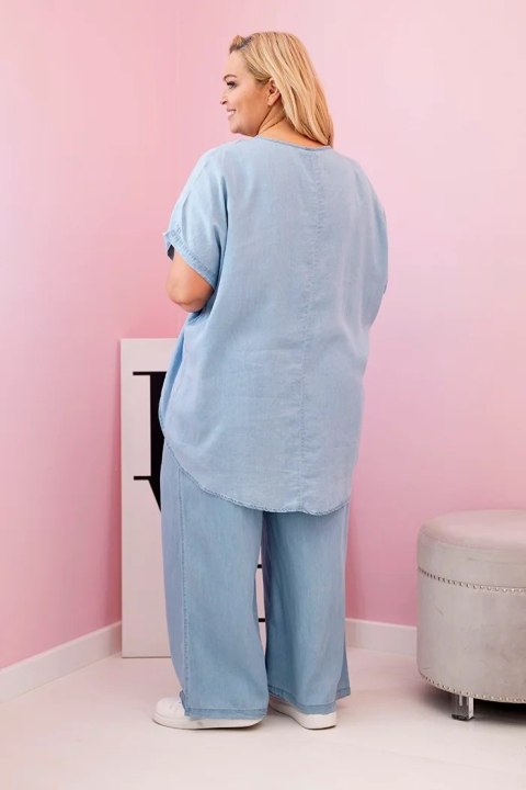 Komplet damski Plus Size z tencelu bluzka i spodnie z wiązaniem jasno jeansowy