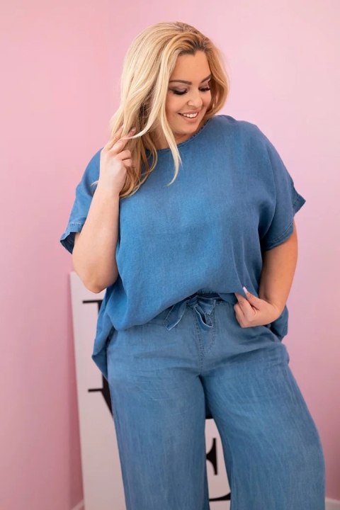 Komplet damski Plus Size z tencelu bluzka i spodnie z wiązaniem jeansowy