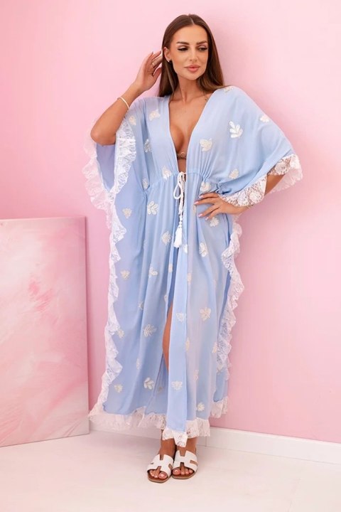 Narzutka damska z wiskozy boho z koronką niebieska