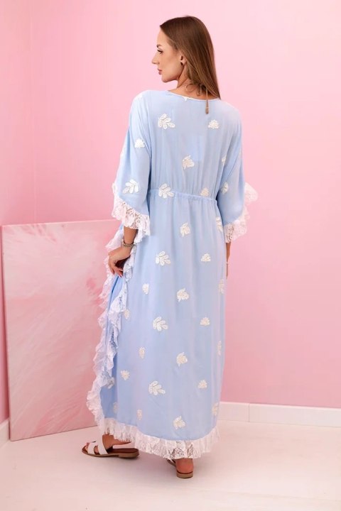 Narzutka damska z wiskozy boho z koronką niebieska