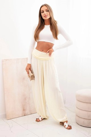 Spodnie damskie wiskozowe z szeroką nogawką i marszczeniami żółte