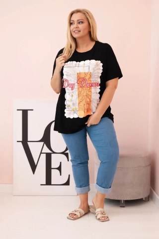 Bluzka damska bawełniana Plus Size z nadrukiem Day Dream czarny + pomarańczowy