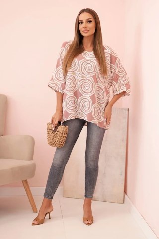 Bluzka damska z bawełny w etniczne wzory z podwiniętym rękawem ciemno różowa