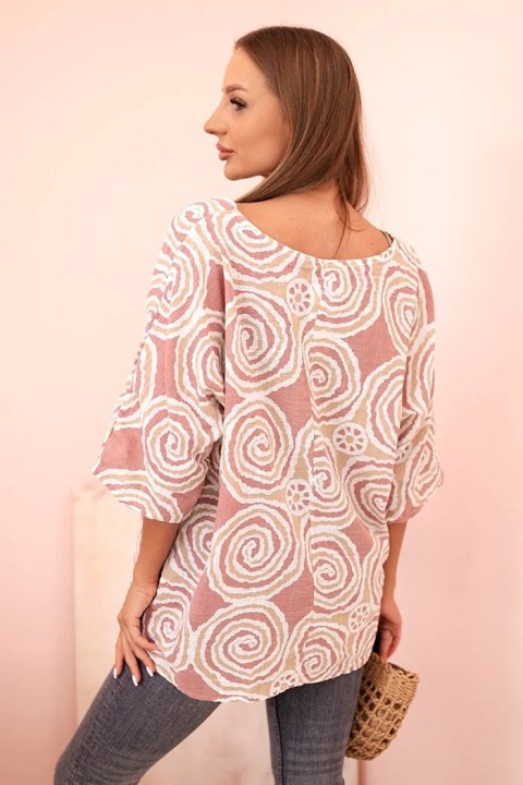 Bluzka damska z bawełny w etniczne wzory z podwiniętym rękawem ciemno różowa