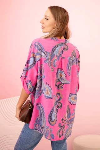 Bluzka damska z bawełny z ozdobnym printem i podwijanymi rękawami różowa