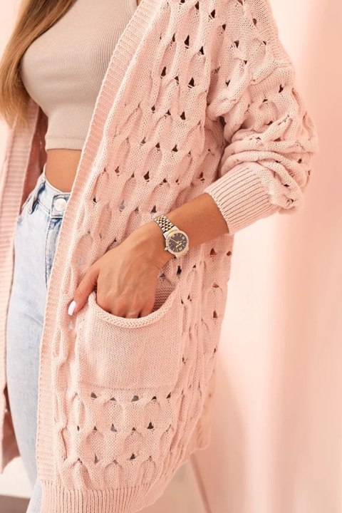 Kardigan damski ażurowy z kieszeniami pudrowy róż