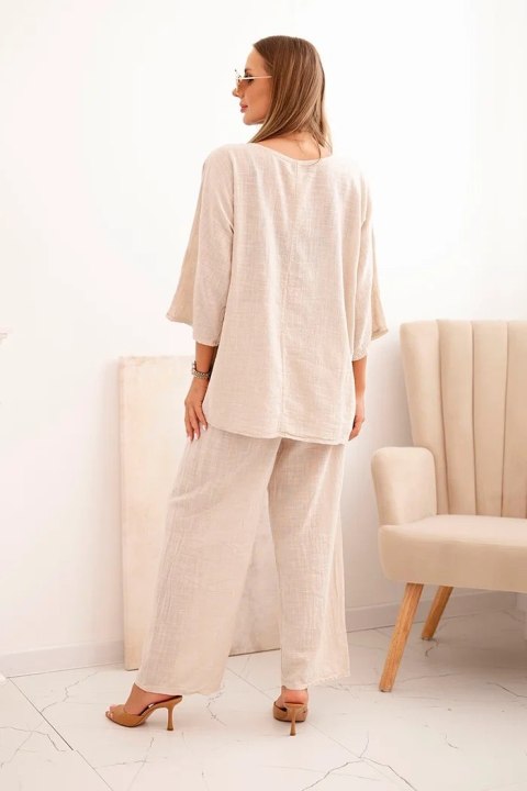 Komplet damski z wiskozy bluzka z naszyjnikiem oraz spodnie beżowy