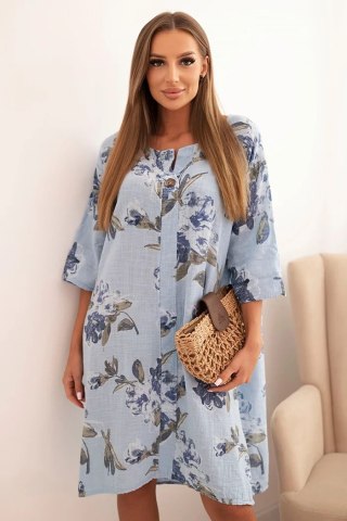 Sukienka damska bawełniana z kwiatowym wzorem i rękawem 3/4 niebieska