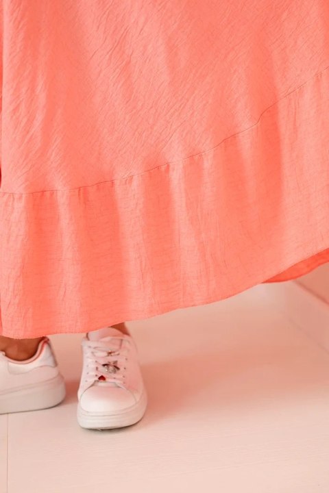 Sukienka damska plus size z krótkim rękawem i falbaną z lekkiej wiskozy różowa