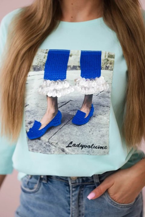 Bluzka z grafiką 3D z cyrkoniami miętowa