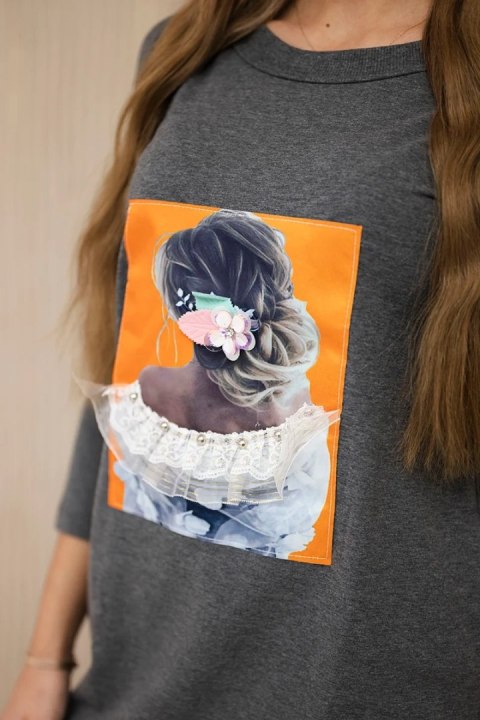 Sukienka z grafiką 3D, koronka grafitowa