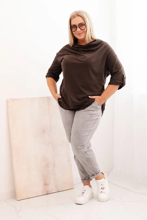 Bluzka damska Plus Size z bawełną o luźnym kroju z dekoltem wodnym brązowa