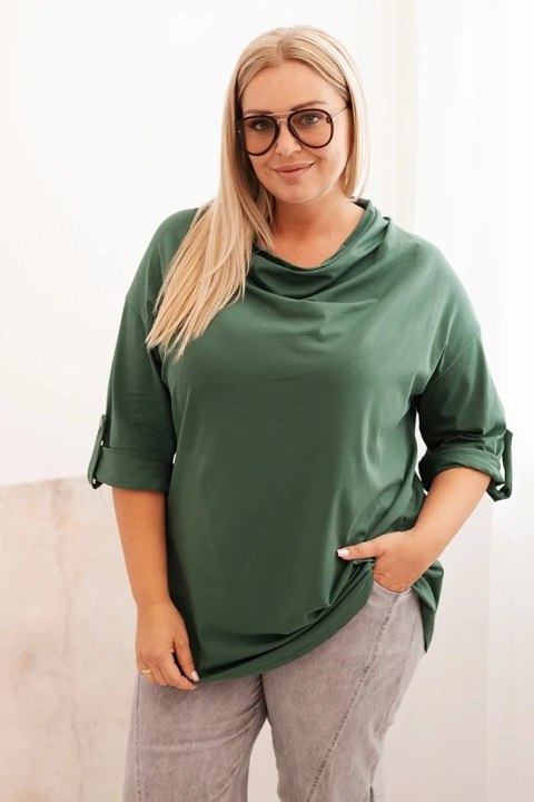 Bluzka damska Plus Size z bawełną o luźnym kroju z dekoltem wodnym ciemno zielona