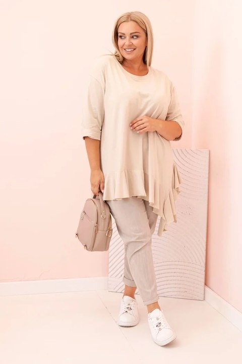 Bluzka damska Plus Size z bawełną z falbaną i rękawem podwijanym beżowa