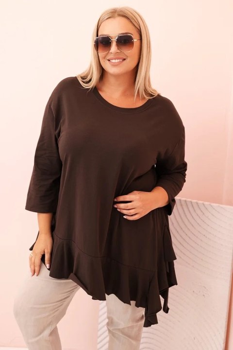 Bluzka damska Plus Size z bawełną z falbaną i rękawem podwijanym brązowa