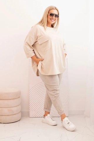Bluzka damska Plus Size z bawełną z kieszenią i rękawem podwijanym beżowa