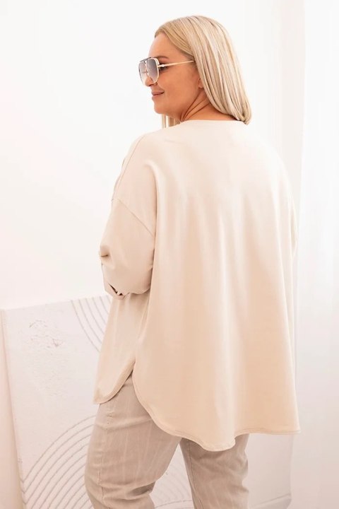 Bluzka damska Plus Size z bawełną z kieszenią i rękawem podwijanym beżowa