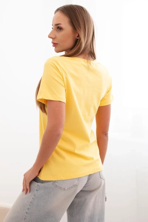 Bluzka damska bawełniana z krótkim rękawem i naszywką z perełkami żółta