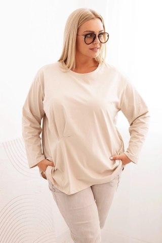 Bluzka damska plus size z bawełną z długim rękawem i marszczeniem beżowa
