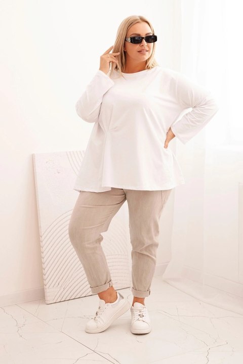 Bluzka damska plus size z bawełną z długim rękawem i marszczeniem biała