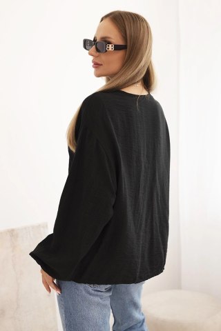 Bluzka damska z wiskozą z marszczonym dekoltem i ozdobą czarna