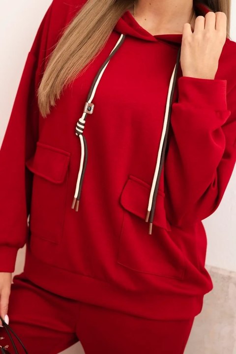 Komplet damska masełkowy bluza z kapturem i spodniami z paskiem bordowy