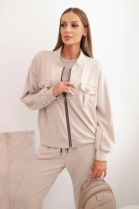 Komplet damski masełkowy z wiskozy z rozpinaną bluzą i spodniami beżowy