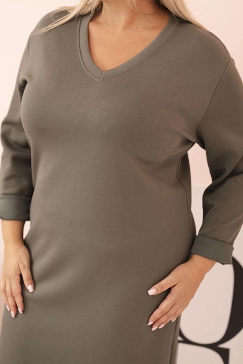 Sukienka damska Plus Size masełkowa z dekoltem V i rękawem khaki