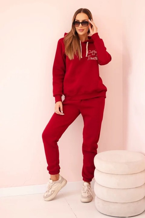 Komplet damski bawełniany ocieplany z nadrukiem bordowy