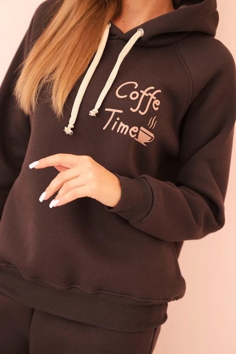 Komplet damski bawełniany ocieplany z nadrukiem brązowy