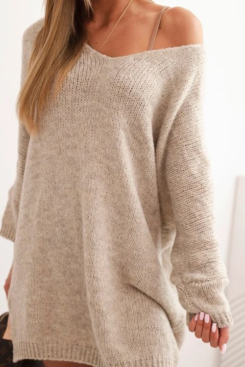 Sukienka damska Plus Size wełniana z dekoltem V ciemno beżowa