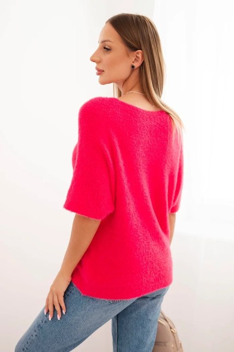 Sweter damski z miękkiego włosia z dekoltem V krótki rękaw różowy