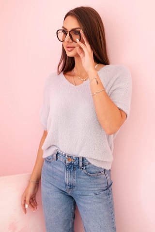 Sweter damski z miękkiego włosia z dekoltem V krótki rękaw szary