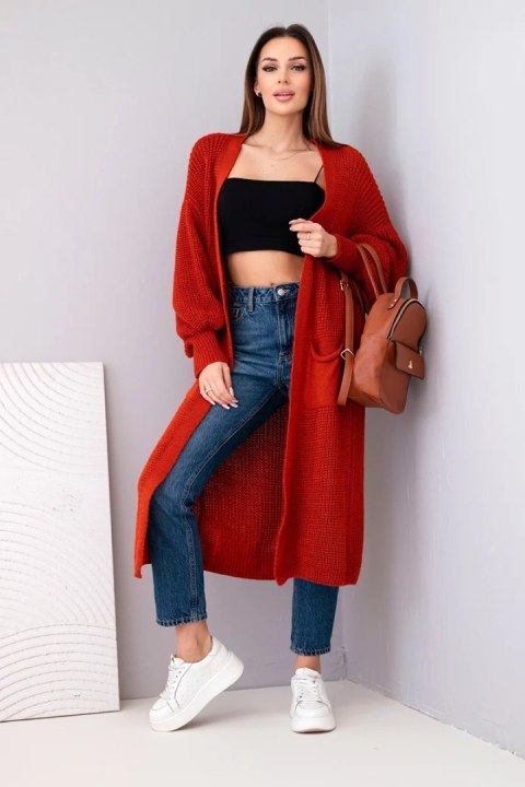 Sweter długi kardigan rudy