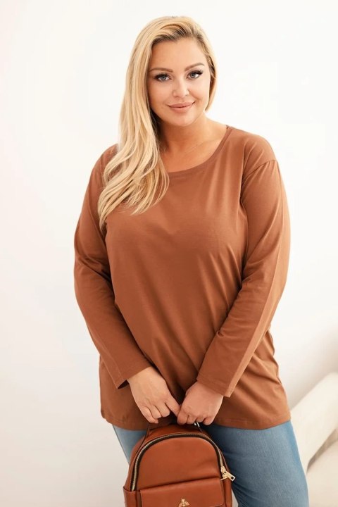 Bluzka damska Plus Size bawełniana z okrągłym dekoltem camelowa