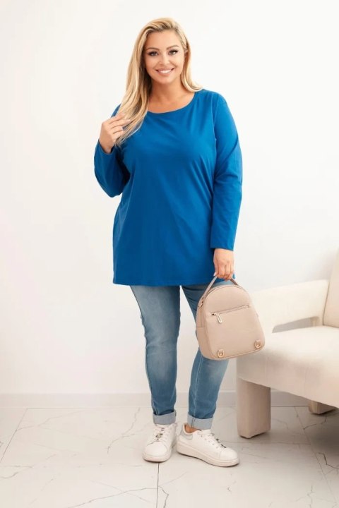 Bluzka damska Plus Size bawełniana z okrągłym dekoltem chabrowa