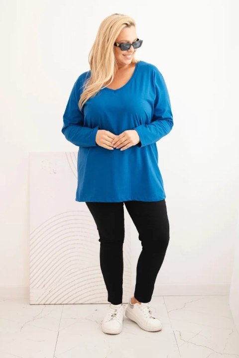 Bluzka damska Plus Size z dekoltem V i długim rękawem chabrowa