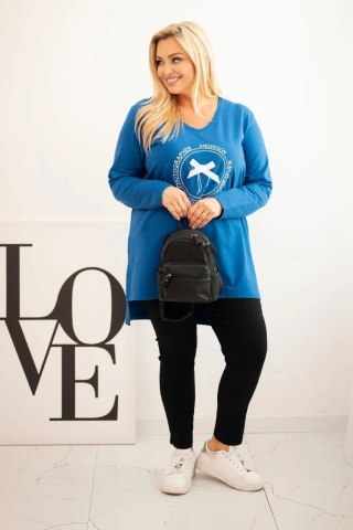 Bluzka damska z dłuższym tyłem i nadrukiem chabrowa