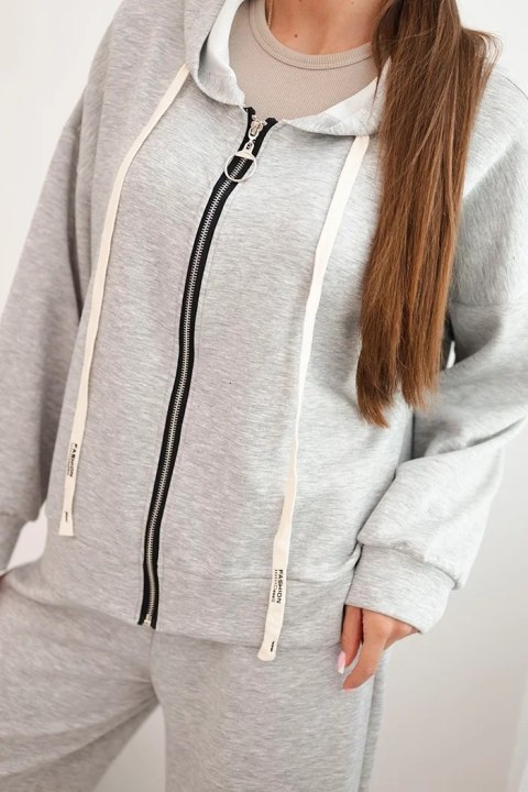 Komplet damski masełko z szeroką nogawką i bluzą na zamek szary