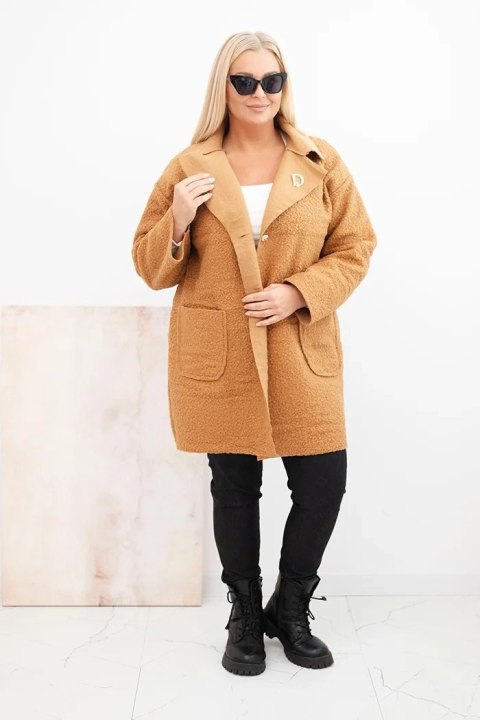 Płaszcz damski Plus Size baranek z wełną i kieszeniami camelowy
