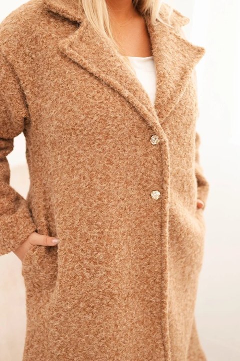 Płaszcz damski Plus Size z wełną i dużym kołnierzem camelowy
