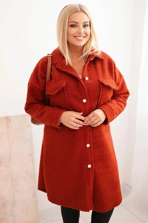 Płaszcz damski Plus Size z wełną zapinany na guziki z kieszeniami i kołnierzem rudy