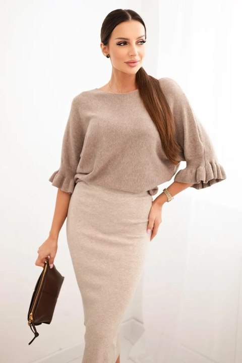 Spódnica damska wiskozowa ołówkowa z elastyczną talią ciemno beżowa