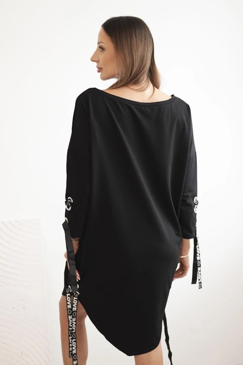 Sukienka damska asymetryczna z ozdobnymi taśmami i rękawem 3/4 Czarny