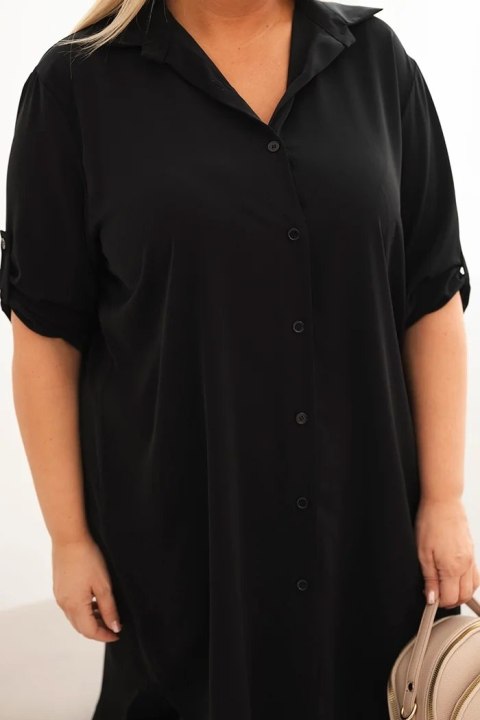 Sukienka damska koszulowa Plus Size z dłuższym tyłem i podwijanym rękawem czarna