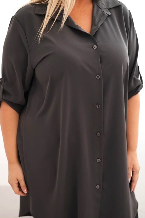 Sukienka damska koszulowa Plus Size z dłuższym tyłem i podwijanym rękawem grafitowa